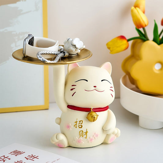 Cat Statue with Metal Tray